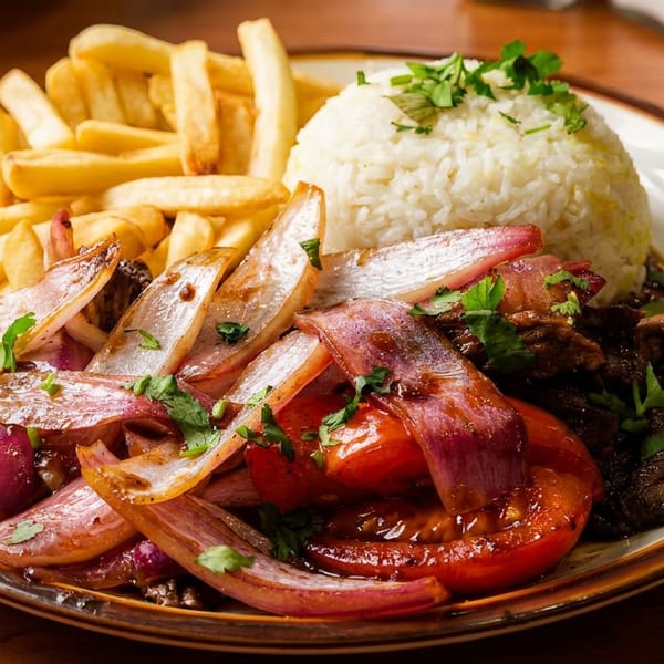 Plate of Lomo Saltado with french fries, white rice, stir-fried beef, red onions, and tomatoes.