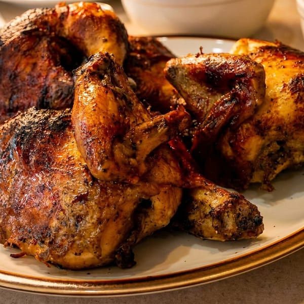 Several pieces of golden brown roasted chicken with crispy skin on a white plate.