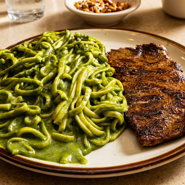 A plate of grilled steak and vibrant green pasta, with a glass and nuts in the background.
