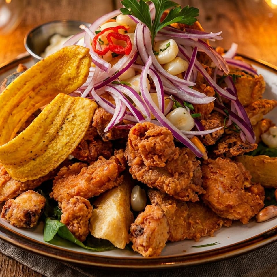 Platter of crispy fried food with red onion, corn, and chili salad, served with plantain chips.